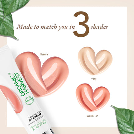 Organic Harvest Weightless BB Cream packaging highlighting its cruelty-free and vegan certification, perfect for eco-conscious consumers.