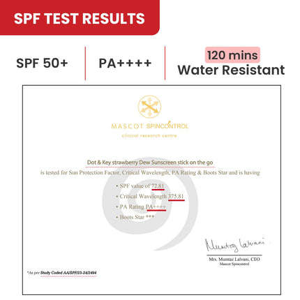 Convenient Dot & Key Strawberry Dew SPF 50 Sunscreen Stick, the ideal sunscreen stick for travel, ensuring broad spectrum UV protection while reinforcing the skin barrier.