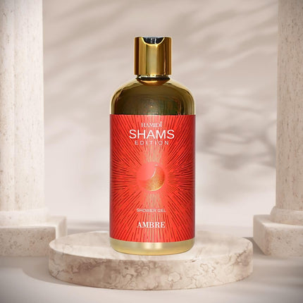 Relaxing shower experience with Hamidi Shams Edition Ambre Shower Gel, an alcohol free shower gel perfect for soft, clean skin.