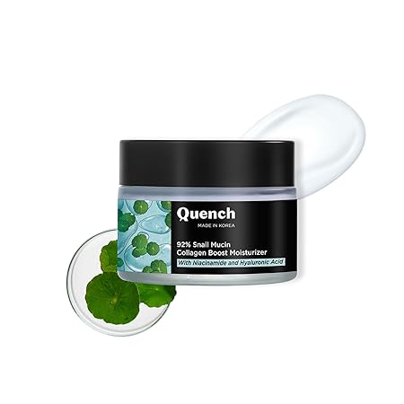 Quench 92% Snail Mucin Collagen Boost Moisturizer with Niacinamide & Hyaluronic Acid, a snail mucin moisturizer that provides 48 hours of hydration for dewy soft and plump skin.