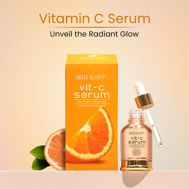 Close-up view of Swiss Beauty Vit C Serum demonstrating the lightweight texture and application method of the vitamin C serum.