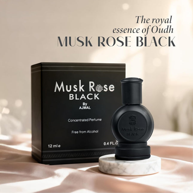 Ajmal Musk Rose Black Unisex Attar - A Unique Combination of Fruity, Floral, and Oudh for Men & Women, Alcohol-Free Unisex Attar Perfume.