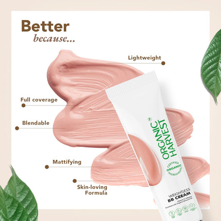 User applying Organic Harvest Weightless BB Cream on the face, showcasing its lightweight formula for daily makeup use.