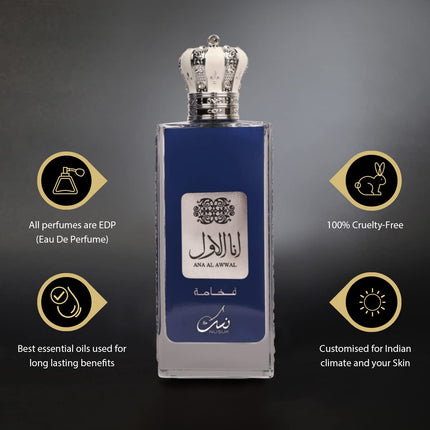 Long lasting men's perfume - Nusuk Ana Al Awwal Blue with spiced sophistication featuring ginger and jasmine at its core.