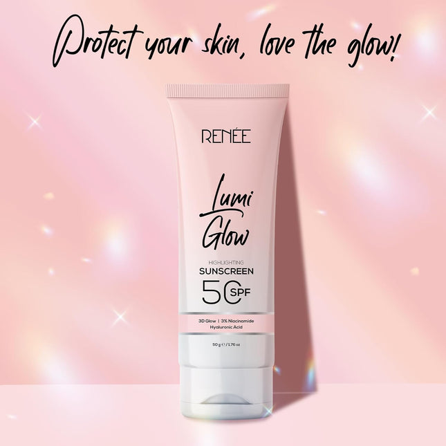 Close-up of RENEE All Skin Lumi Glow Highlighting Sunscreen With Spf 50, featuring its radiance-enhancing formula for a luminous glow on all skin types.