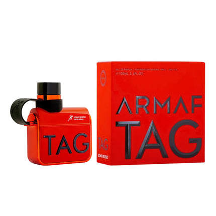 Close-up of Armaf Tag Him Uomo Rosso Red fragrance bottle, a luxury perfume for men, ideal for special occasions and evening wear.