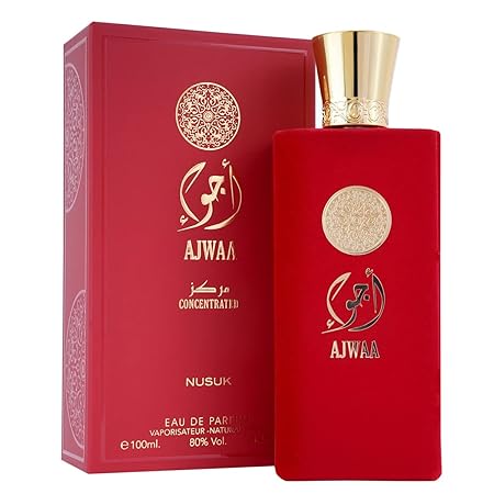 Nusuk Ajwaa Concentrated Eau De Parfum for Women in 100ml bottle, a floral fruity perfume with notes of pear, rhubarb, and black currant.