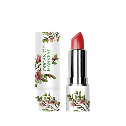 Organic Harvest Moisture Matte Lipstick - Beetroot Red, a long-lasting organic matte lipstick perfect for adding vibrant color, featured in a stylish photo.