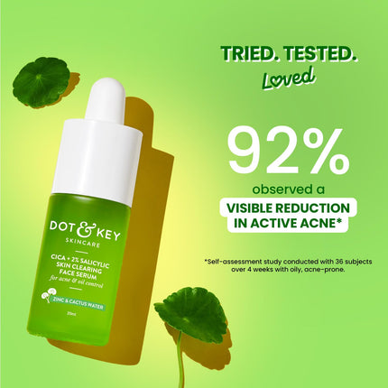 Dot & Key 2% Salicylic Acid + Cica Anti Acne Serum with Zinc, displayed against a natural background. A trusted salicylic acid serum for acne treatment.