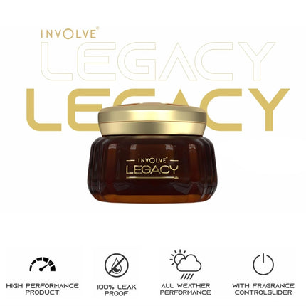 Involve Your Senses Legacy long lasting car perfume stylishly displayed, perfect for an elevated driving experience.
