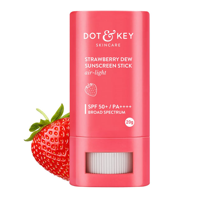Dot & Key Strawberry Dew SPF 50 Sunscreen Stick On-The-Go, ideal sunscreen stick for travel, offers broad spectrum UVA/UVB protection with hyaluronic acid and ceramide for hydration.