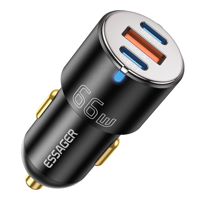 ESSAGER F689 66W 3-Port Car Charger – Dual USB-C + USB-A Fast Charging