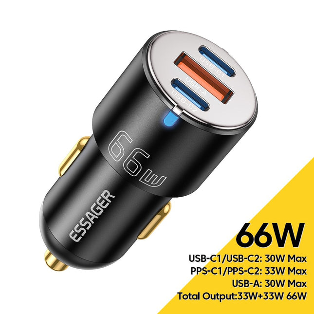ESSAGER F689 66W 3-Port Car Charger – Dual USB-C + USB-A Fast Charging