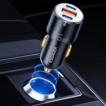 ESSAGER F689 66W Dual USB C + USB A 3 Ports Car Charger Phone Charging Adapter