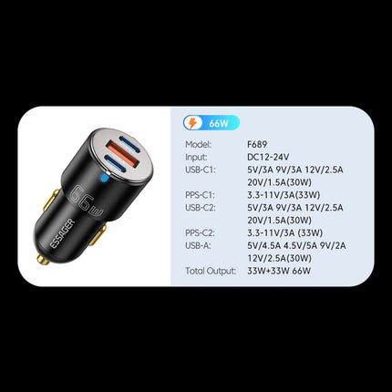 ESSAGER F689 66W Dual USB C + USB A 3 Ports Car Charger Phone Charging Adapter