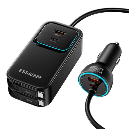 ESSAGER F789 135W 6-Port Car Charger with Dual Retractable USB-C Cables