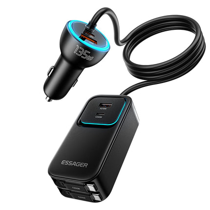 ESSAGER F789 135W 6-Port Car Charger with Dual Retractable USB-C Cables