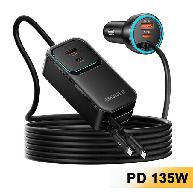 ESSAGER F789 135W 6-Port Car Charger with Dual Retractable USB-C Cables