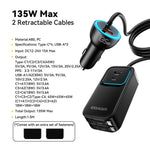 ESSAGER F789 135W 6-Port Car Charger with Dual Retractable USB-C Cables
