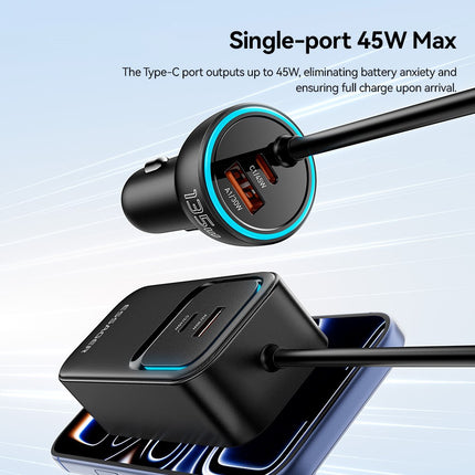 ESSAGER F789 135W 6-Port Car Charger with Dual Retractable USB-C Cables