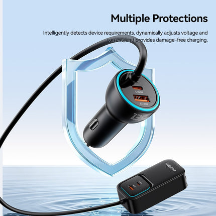 ESSAGER F789 135W 6-Port Car Charger with Dual Retractable USB-C Cables