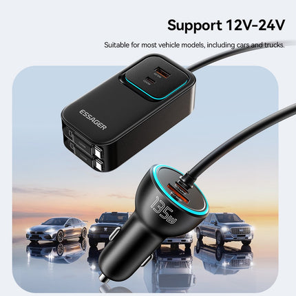ESSAGER F789 135W 6-Port Car Charger with Dual Retractable USB-C Cables