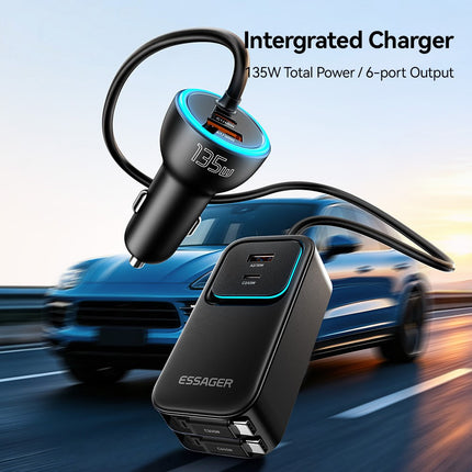 ESSAGER F789 135W 6-Port Car Charger with Dual Retractable USB-C Cables