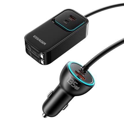 ESSAGER F789 135W 6-Port Car Charger with Dual Retractable USB-C Cables