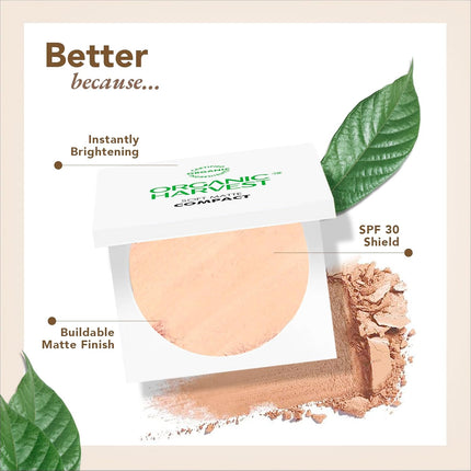 Organic Harvest Soft Matte Compact in hand, showcasing its premium quality as a vegan organic face compact with enriching almond oil.