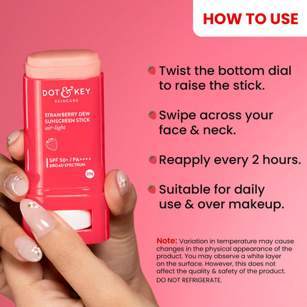 Dot & Key Strawberry Dew SPF 50 Sunscreen Stick, designed for hassle-free application, an ultimate sunscreen stick for travel featuring hydrating ingredients like hyaluronic acid.