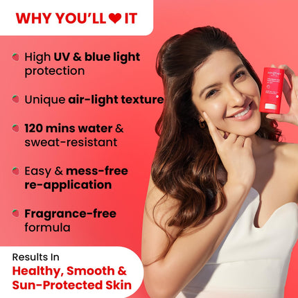 Dot & Key Strawberry Dew SPF 50 Sunscreen Stick, perfect sunscreen stick for travel, formulated for normal skin with broad spectrum UVA/UVB protection and skin barrier hydration.