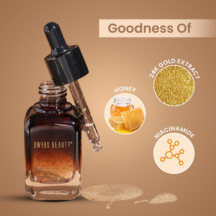 Before and after results of using Swiss Beauty 24K Gold Serum, showcasing the difference in skin radiance and reduction of wrinkles.