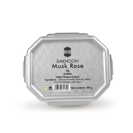 Ajmal Oud Bakhoor Dakhoon Musk Rose packaging - Elegant home fragrance solution that enhances spirituality through Arabic incense for prayers.