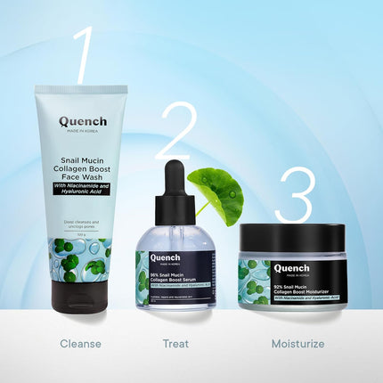 QUENCH BOTANICS Quench Snail Mucin Collagen Boost Face Wash 100ml featured in a skincare routine, illustrating its role as a nourishing snail mucin face wash.