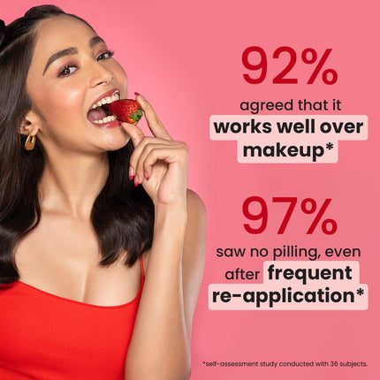 Travel-friendly Dot & Key Strawberry Dew SPF 50 Sunscreen Stick, provides effective sun protection and hydration with hyaluronic acid and ceramide, suitable for on-the-go needs.