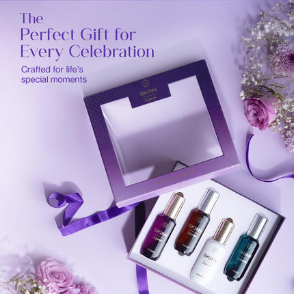 Skinn 24Seven Gift Pack includes 4 exquisite scents, ideal as a luxury perfume sampler for any fragrance lover.