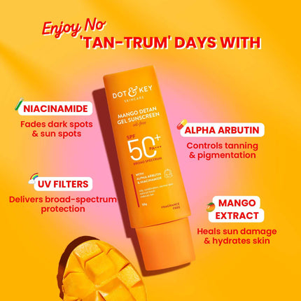The key ingredients of Dot & Key Mango Detan Gel Sunscreen, highlighting Alpha-Arbutin and Niacinamide that help even skin tone and reduce tanning.
