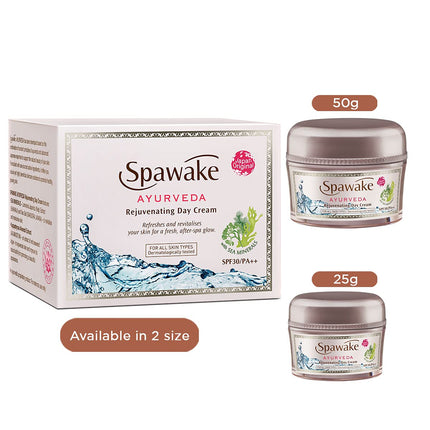 Spawake Ayurveda Face Cream, a rejuvenating day cream with SPF 30, emphasizing its all-natural formulation and quality.