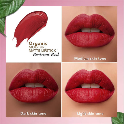 Organic Harvest Moisture Matte Lipstick in Beetroot Red next to natural moisturizing ingredients, underlining the hydrating benefits of this organic matte lipstick.