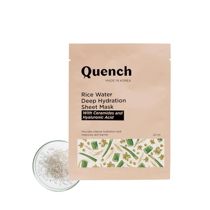 Quench Deep Hydration Korean Sheet Mask with Rice Water, Ceramides & Hyaluronic Acid - revitalizing rice water face mask for glowing skin and hydration.