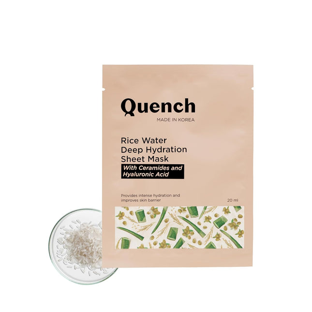 Quench Deep Hydration Korean Sheet Mask with Rice Water, Ceramides & Hyaluronic Acid - revitalizing rice water face mask for glowing skin and hydration.
