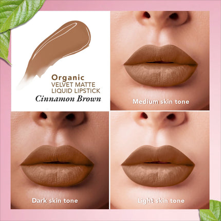 Swatches of Organic Harvest Velvet Matte Liquid Lipstick, demonstrating the depth of the Cinnamon Brown color.