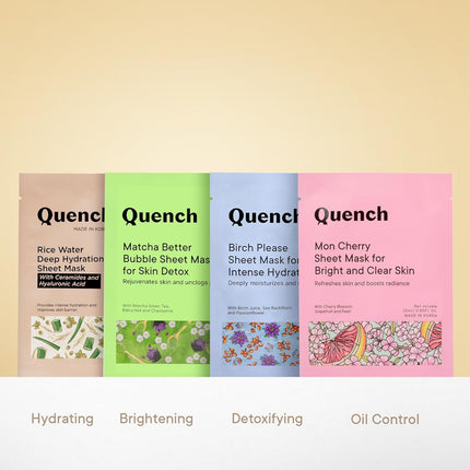 Close-up of Quench Korea's Rice Water Sheet Mask demonstrating serums and ingredients - perfect rice water face mask for instant hydration.