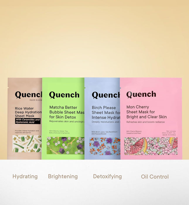 Close-up of Quench Korea's Rice Water Sheet Mask demonstrating serums and ingredients - perfect rice water face mask for instant hydration.