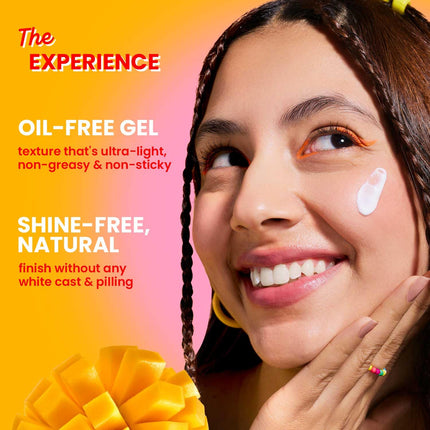 Close-up of Dot & Key Mango Detan Gel Sunscreen being applied, illustrating its oil-free and ultra-light characteristics suitable for everyday use.
