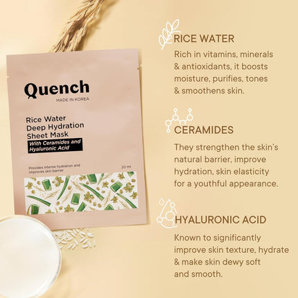 Model using Quench Deep Hydration Korean Sheet Mask showcasing the nourishing effects of rice water - ideal rice water face mask for softening skin.