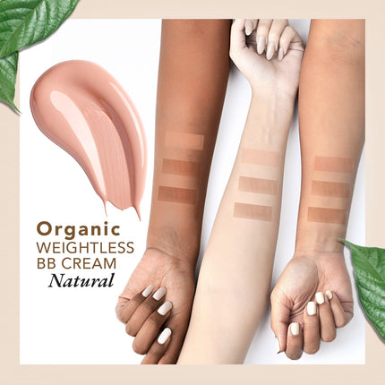 Close-up view of Organic Harvest Weightless BB Cream revealing its light texture and natural finish for medium skin tones.