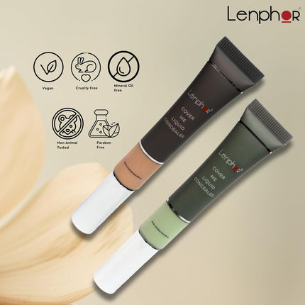 Lenphor Cover Me Liquid Concealer Beige 10ml packaging featuring details about its high coverage and organic ingredients.