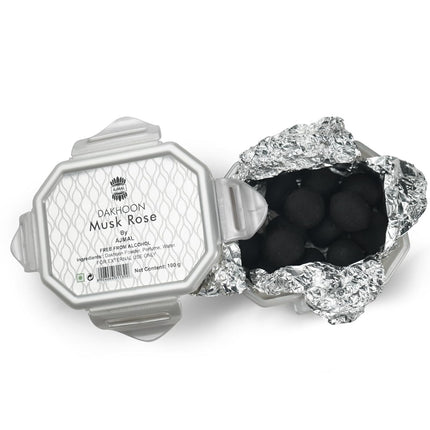 Close-up of Ajmal Oud Bakhoor Dakhoon Musk Rose - High-quality Arabic incense for prayers, crafted by expert perfumers for a calming ambiance.