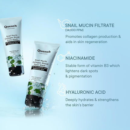 QUENCH BOTANICS Quench Snail Mucin Collagen Boost Face Wash 100ml applied on hands, demonstrating its creamy consistency and benefits as an effective snail mucin face wash.